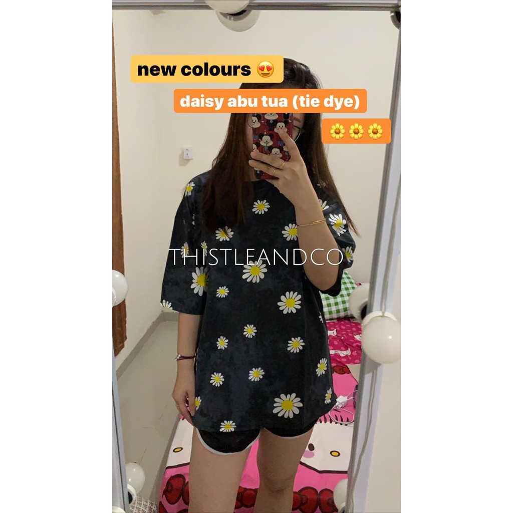 Oversize Tee Tshirt   Wanita Model Longgar Motif Daisy Abu Tua (Tie Dye)