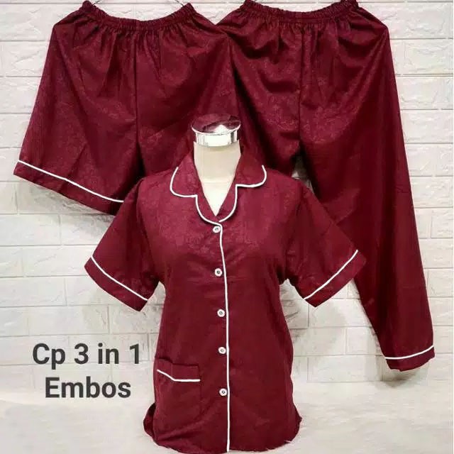 ISANNY PIYAMA SET 3IN1 SIZE.XL/PIYAMA SATIN EMBOS 3 IN 1/WARNA TERBANYAK/READY STOK/REAL PICT-MAROON