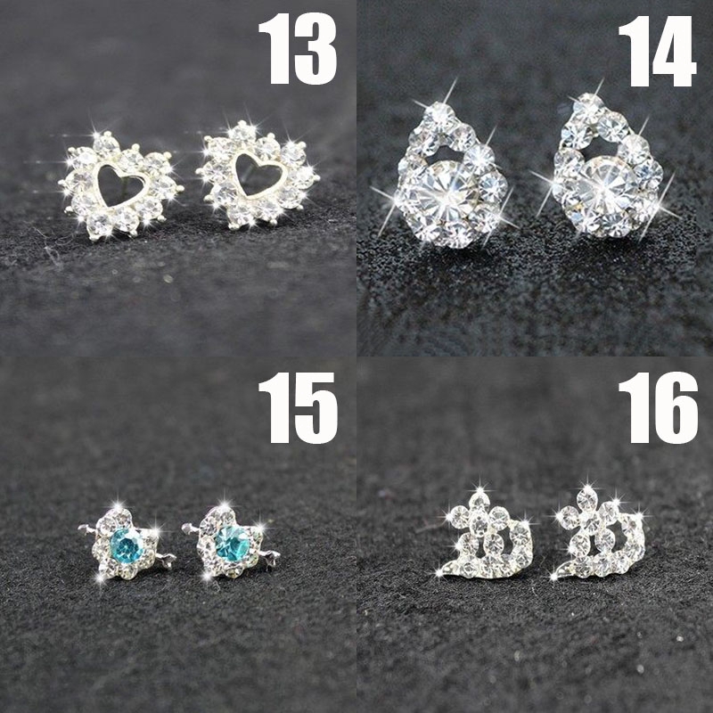 Anting Tusuk Desain Hati Kristal + Pita Warna Silver Gaya Korea untuk Wanita