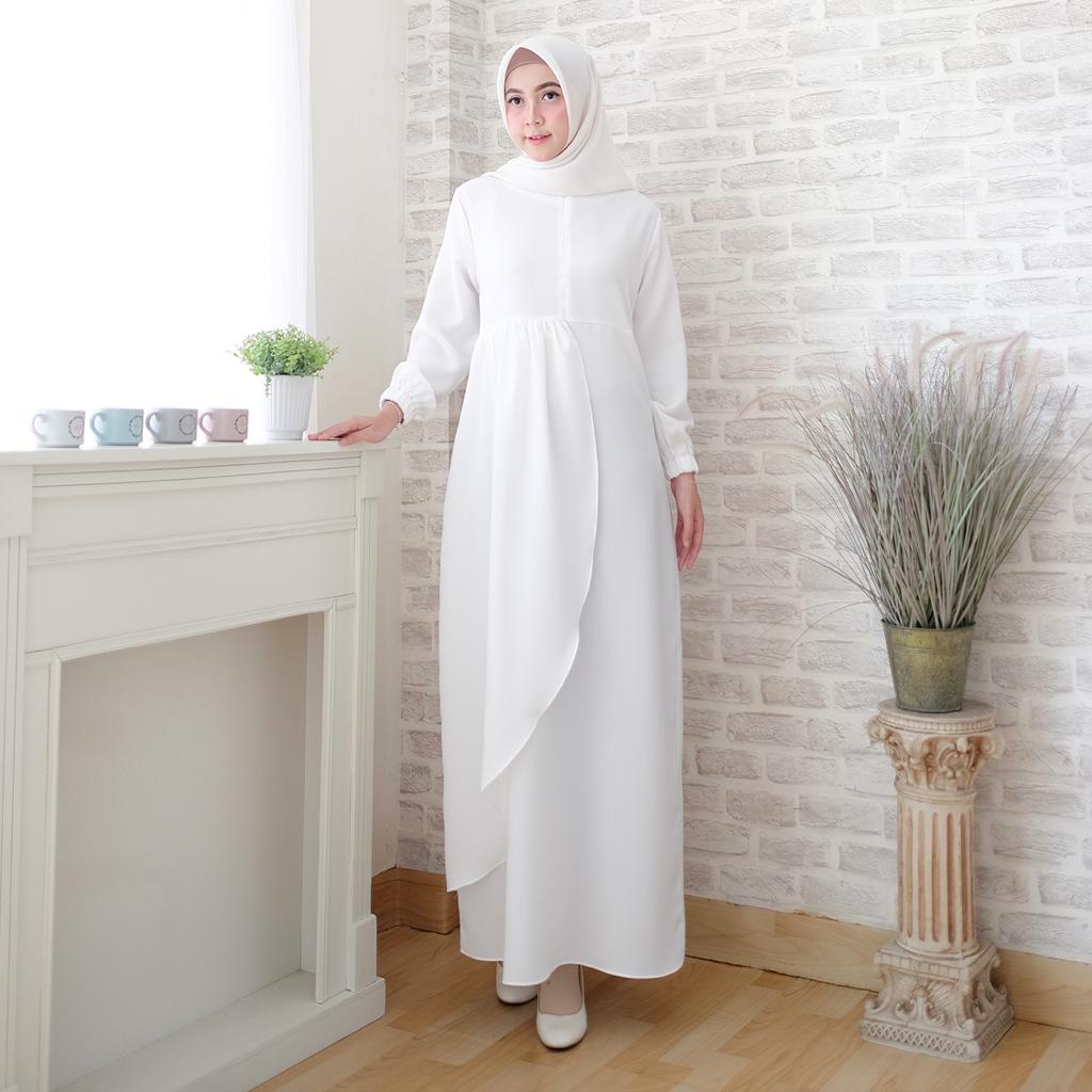 Modesee Gamis Putih Hitam Polos Basic Layer Busui Wanita Muslim Mina Dress, Gamis S M L XL XXL, Gamis Jumbo 2XL 3XL 4XL 5XL-Broken White 2XL