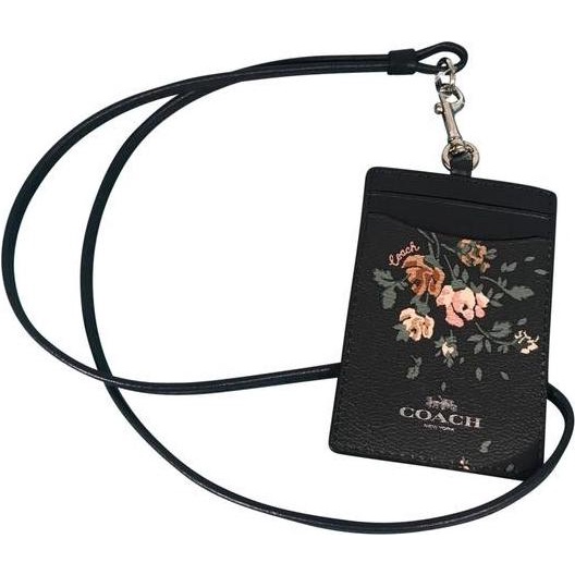 

%$%$%$%$] Coach ID card Lanyard holder Flower Rose print Original - Black pb