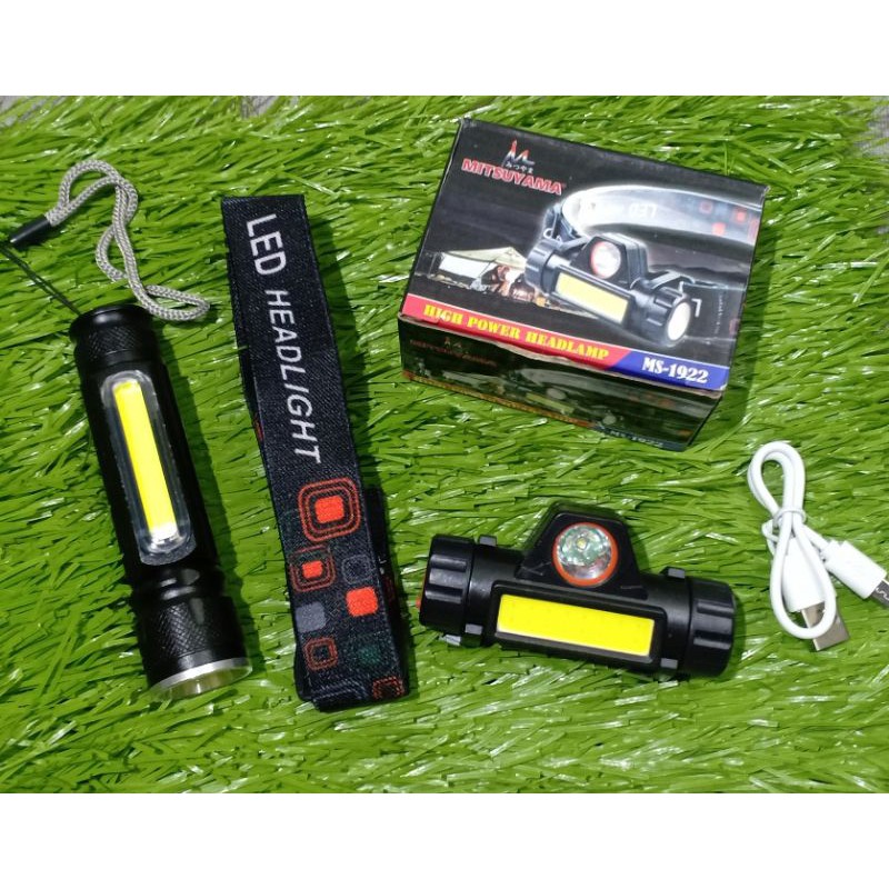 Senter Kepala/Headlamp LED Mitsuyama &amp; Senter Mini LED Taffled/Taffware (Bisa Di Cas/Charger)