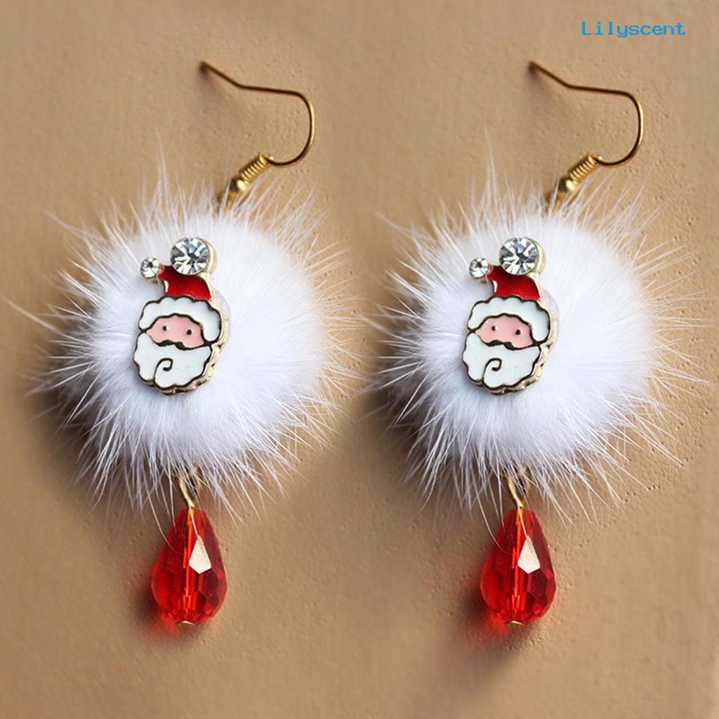 Lilyscent 1 Pair White Plush Ball Red Rhinestone Xmas Earrings Alloy Santa Claus Elk Pendant Hook Earrings Fashion Jewelry