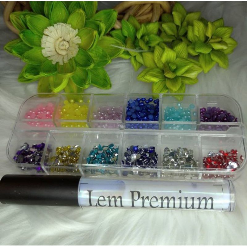 

paket gems/permata mix mutiara box 3mm dan lem