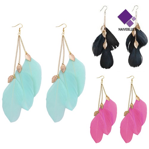 Naiveblue &gt; Anting Kait Gantung Panjang Desain Bulu Daun Handmade Untuk Wanita