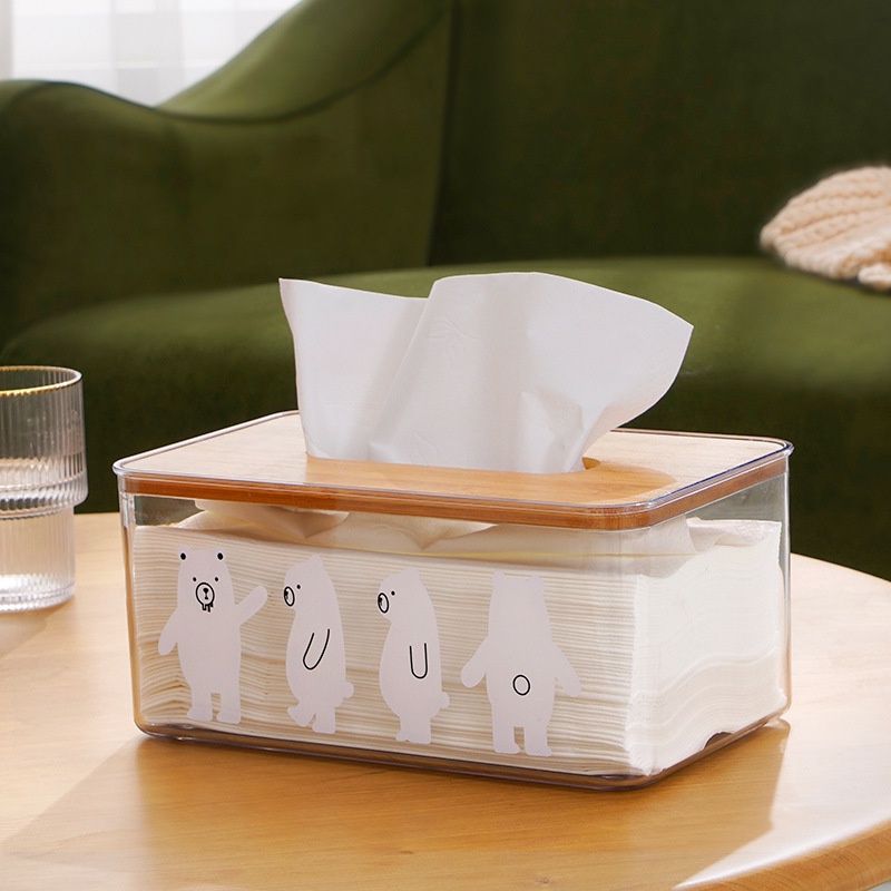 【RUMATIDY】Tempat Tissue Akrilik White Bear Tutup Kayu Estetik Modern  Dapur Kamar Mandi