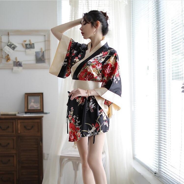 Victoria Kimono Jepang Cosplay Lingerie Bahan Satin Motif Bunga 3080