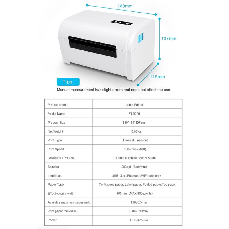 Zjiang POS Thermal Receipt Label Printer 110mm - ZJ-9200 - White