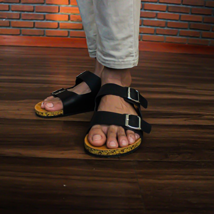 Cracker Black | Sendal Tali Kulit Simpel Kayu Jalan Pria/Cowok/Men Sandal Footwear | FORIND x Lvnatica