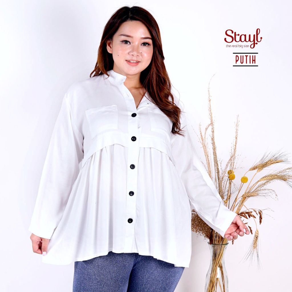 Kemeja Wanita Lengan Panjang LD 100 - 120 3XL Jumbo Rayon Twill 7 Warna Qanita Atasan Big Size XL-Putih
