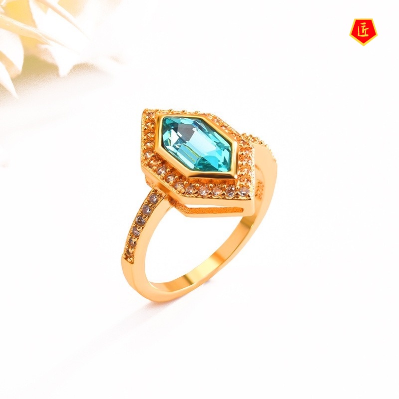 [Ready Stock]Inlaid Special-Shaped Sea Blue Topaz Ring 18K Gold