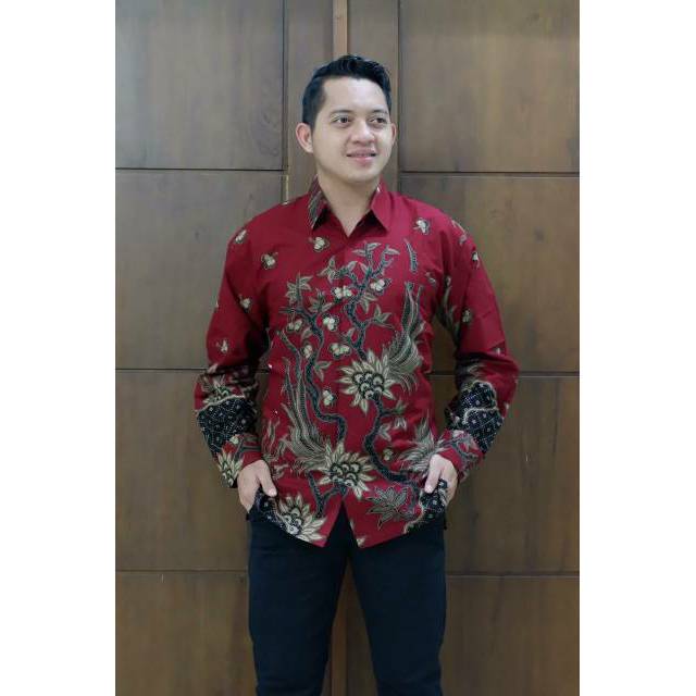 KEMEJA BATIK PRIA LENGAN PANJANG ANGGREK MERAH FULL FURING