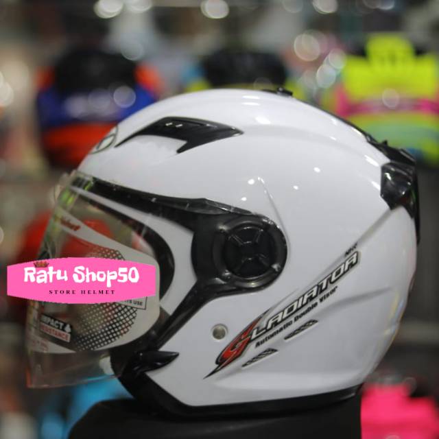 Helm nhk Gladiator solid white putih doubel visor