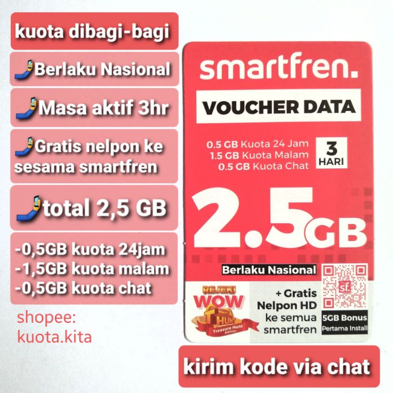 Voucher smartfren total 2.5 GB 3 hari (kirim kode via chat) vocher kuota data 2.5 GB