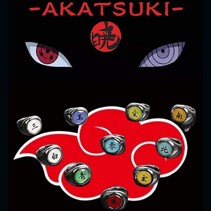 10pcs / Set Cincin cosplay Naruto Akatsuki Sasori Itachi Hidan Deidara Pein Bahan Alloy Untuk Pasangan