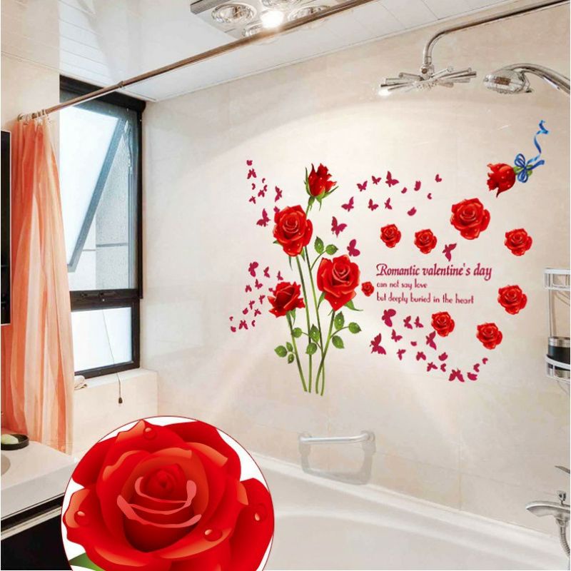 stiker dinding karakter bunga mawar rose merah merona