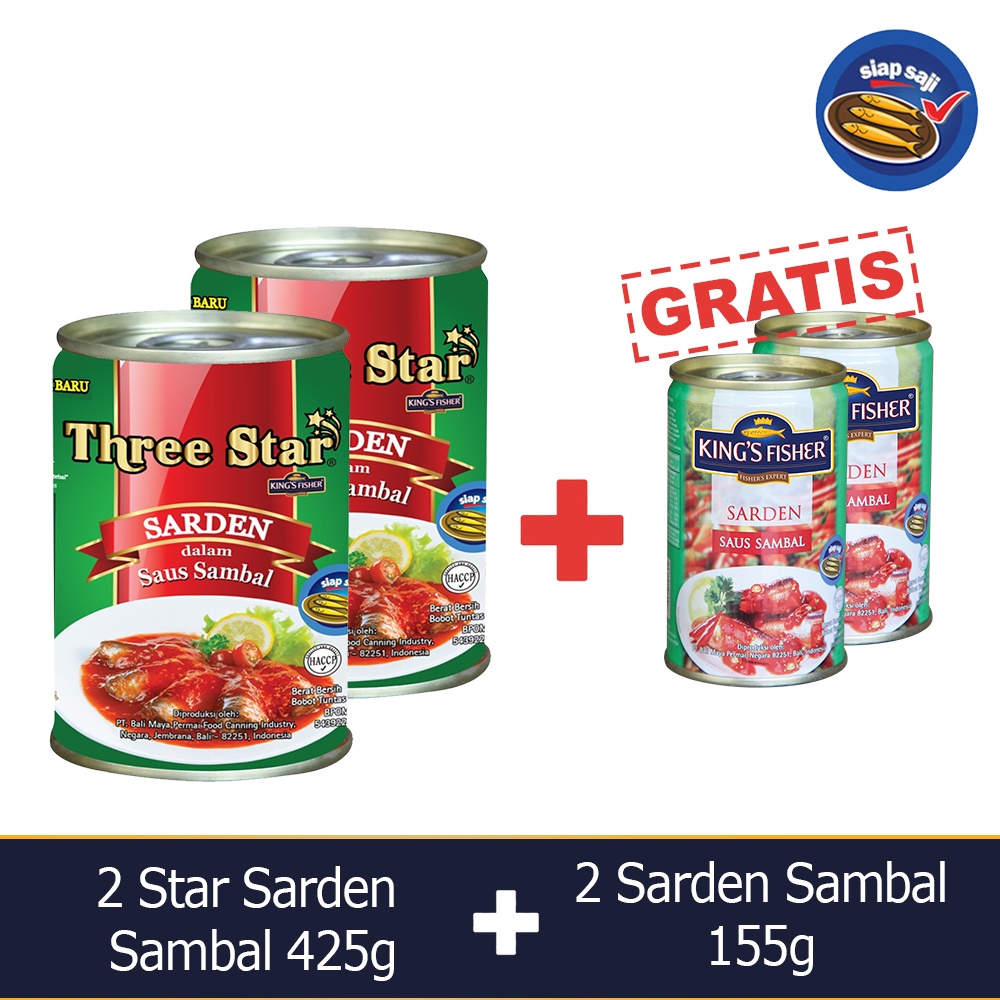 

Kings Fisher Three Star Paket 4 pcs Sarden saus sambal 425g 155g Makanan Kaleng