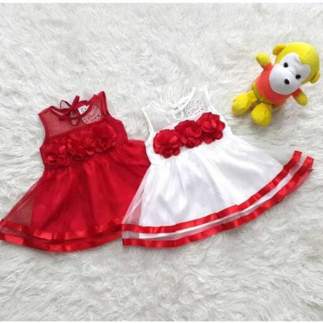 Dress bayi merah putih bunga. Baju dress pesta. Baju kondangan. Dress bayi perempuan. Dress bunga