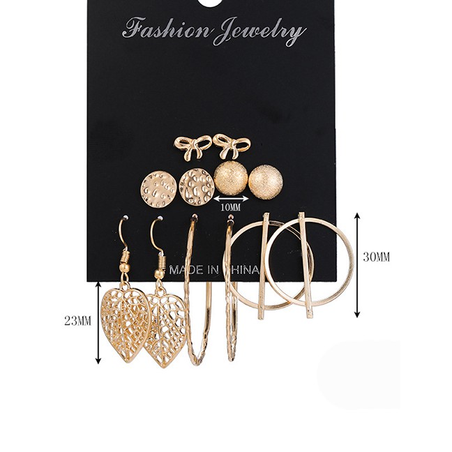 LRC Anting Set Fashion Gold Bow Sequined Leaf Earrings Set f76165