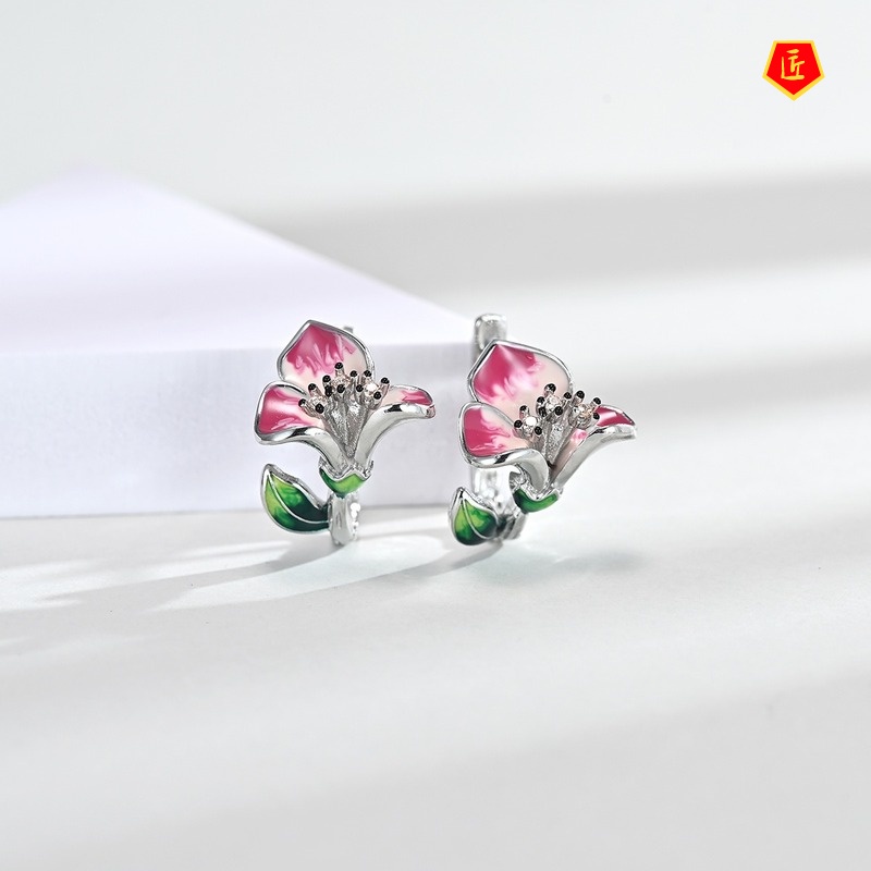 [Ready Stock]S925 Silver Enamel Ring Flower Pendant and Earrings Set