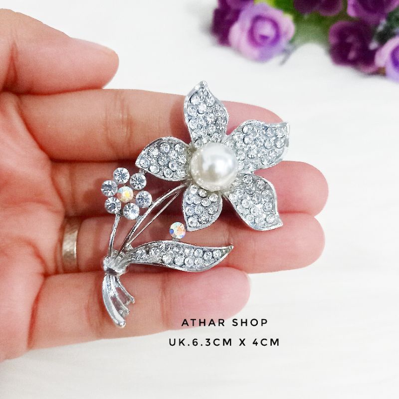 Athar shop COD Bros mutiara kristal fashion korea aksesoris fashion pin bros tuspin-Bunga 010 silver