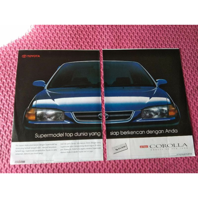 Iklan Jadul Mobil Toyota Corolla dari dua halaman terpisah Copotan Majalah lawas