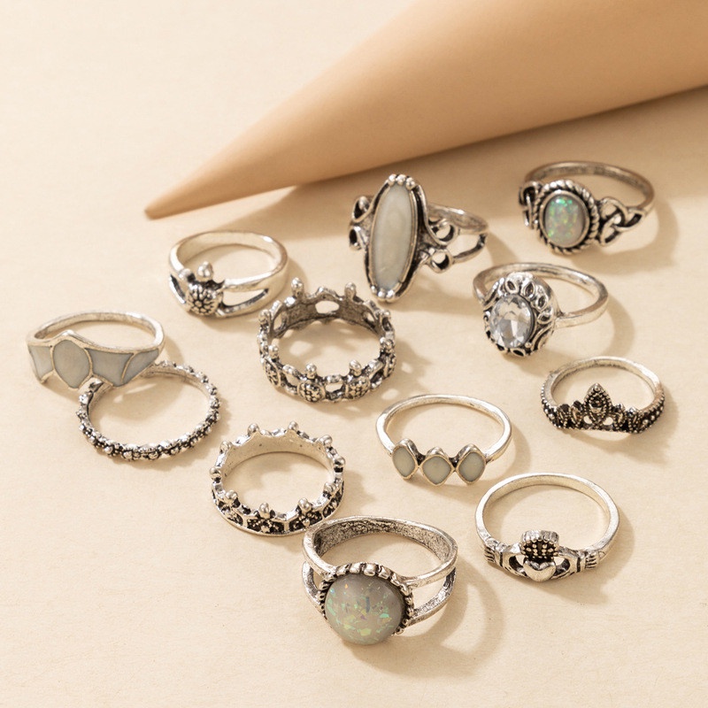 12pcs / Set Cincin Desain Ukiran Kura-Kura Aksen Batu Permata Berlian Untuk Wanita