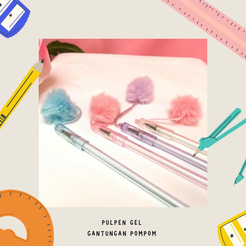 Pulpen pom pom hiasan pastel cotton candy bulu pena lucu gel karakter