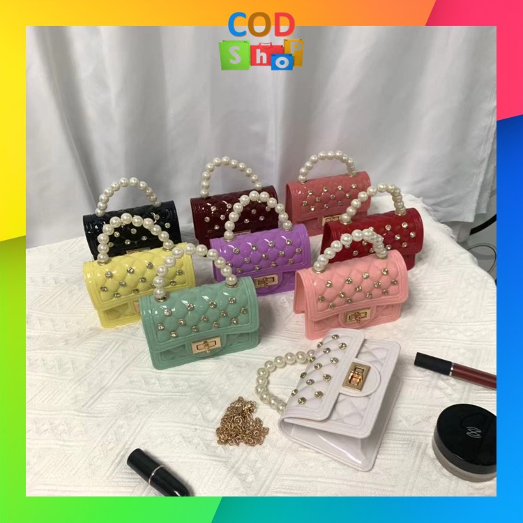 COD - T5156 Tas Jelly Glossy Mini Classic Diamond Pearl / Tas Mini Rubber / Tas Selempang Wanita
