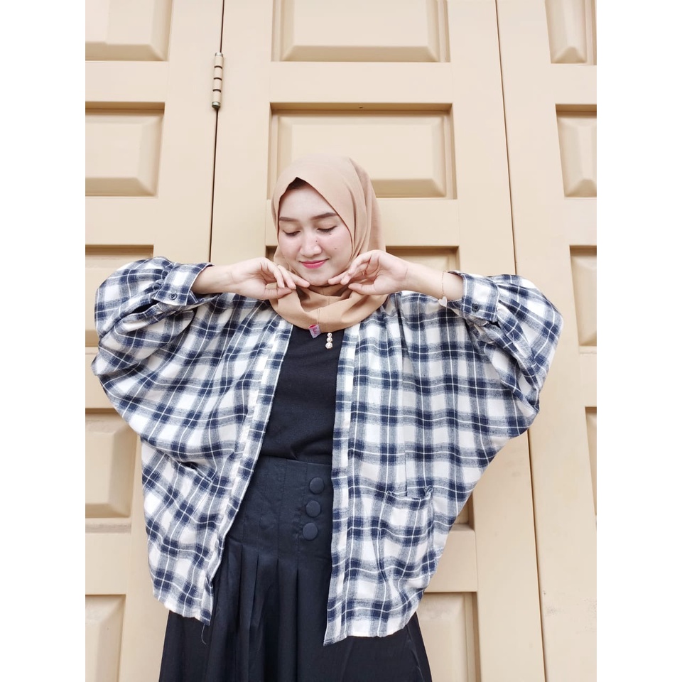 Grosir Outer Flanel Wanita Lengan Balon Grid Oversize motif kotak kotak