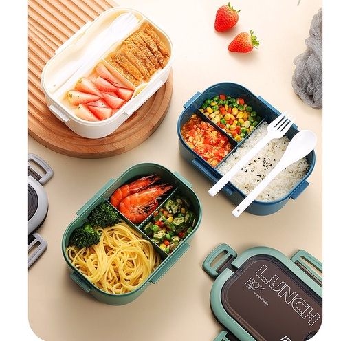 Kotak Makan / TEMPAT MAKAN / BEKAL MAKAN / Lunch Box Anti Tumpah Free Sendok Garpu 2 Tingkat 3 Skat 1200ML 0240 BPA Free