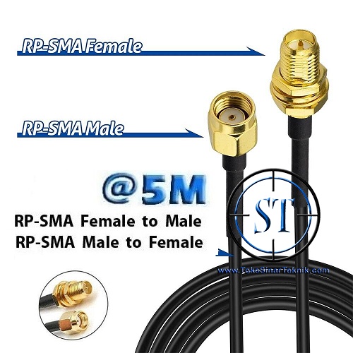 Kabel Extension Pigtail RP-SMA 5 Meter Male to Female Sambungan Perpanjangan Coaxial RF Cord Connector Cable RPSMA Antenna Wi-Fi Wireless Router Panjang 5meter