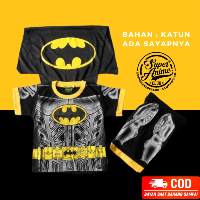 Setelan Pendek Hitam Kaos Baju Batman Sayap Anak Laki Laki Cowok Superhero Murah Karakter