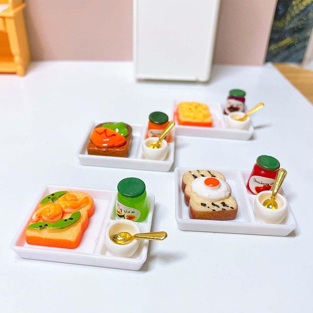 Lanfy Rumah Boneka Miniatur Mini Mainan Anak Roti Bakar Selai Berpura-Pura Bermain Mainan Piring Makan Model Kerajinan Simulasi Sarapan Mainan