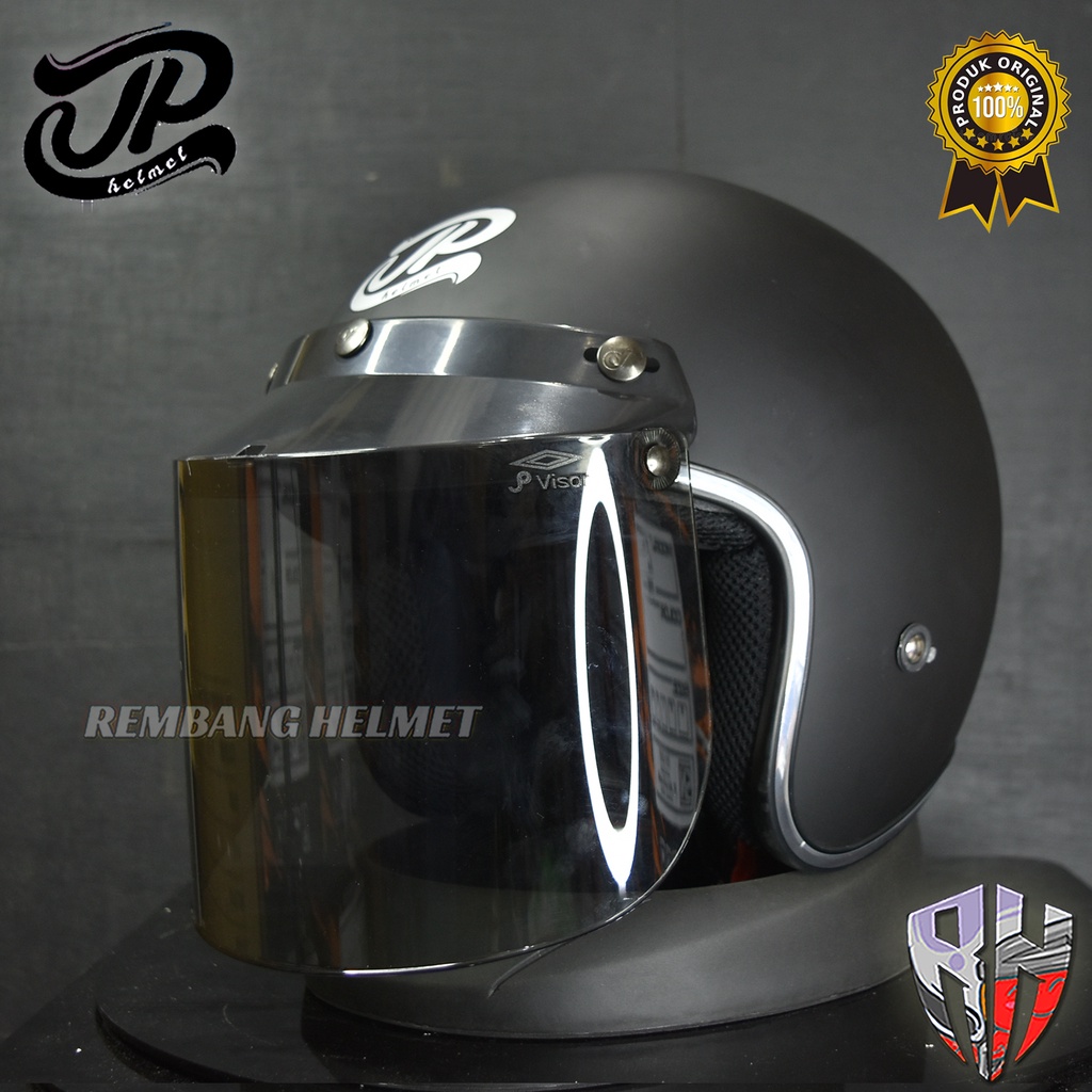 HELM RETRO JP NEW BIGIE SOLID BLACK DOFF ORIGINAL, HELM HALF FACE PRIA WANITA DEWASA, JP HELMET SHOP