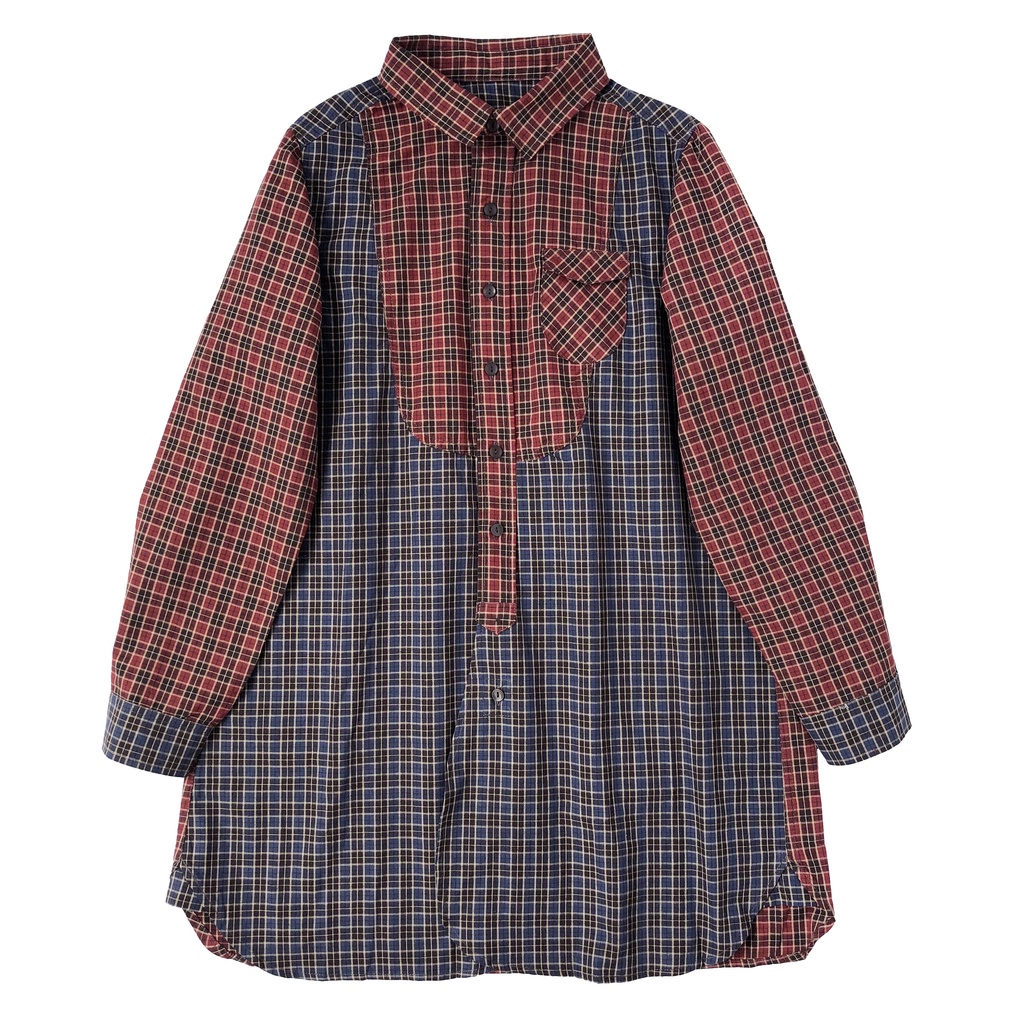 KEMEJA TUNIK KATUN KOTAK DUOTONE MERAH BIRU KOREA IMPORT