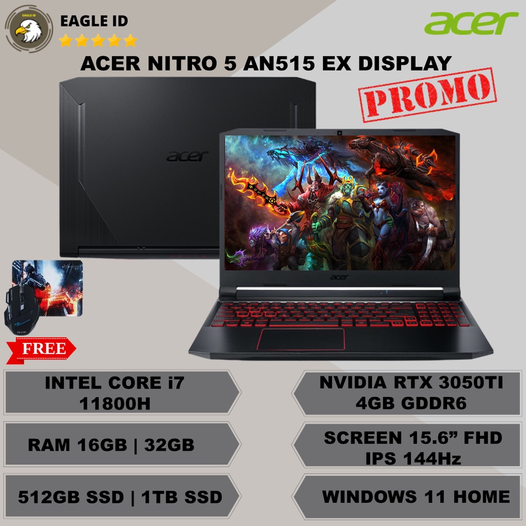 promo ex display laptop gaming acer nitro 5 an515 intel core i7 11800h ram 16gb ssd 512gb rtx 3050ti