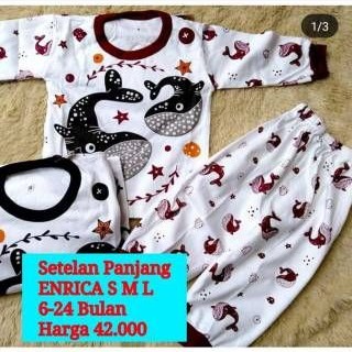 Enrica Setelan Baju Bayi Lengan &amp; Celana Panjang Bahan Kaos Adem Ukuran 0 S M L