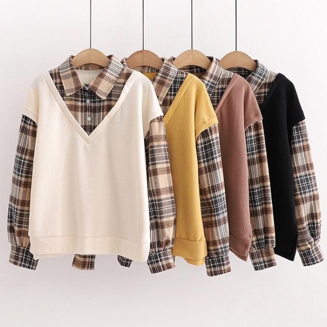 Baju Kemeja + Rompi Wafel Blouse 2In1 Wanita Remaja Kekinian Korean Sale