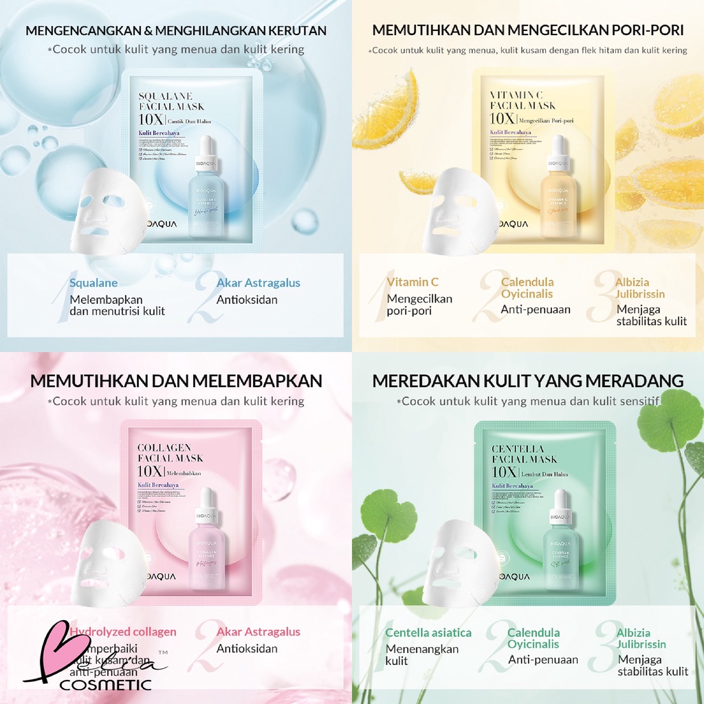 ❤ BELIA ❤ BIOAQUA Cosmetics Sheet Mask Plant | Flowers | Fruit | Eye Mask | Facial Mask Brightening Glowing Moisturizing Skin Care | Hydrating Essence Face Mask Brightening Anti Acne Jerawat | Honey Vitamin C Masker Wajah Muka Pelembab Kulit BPOM