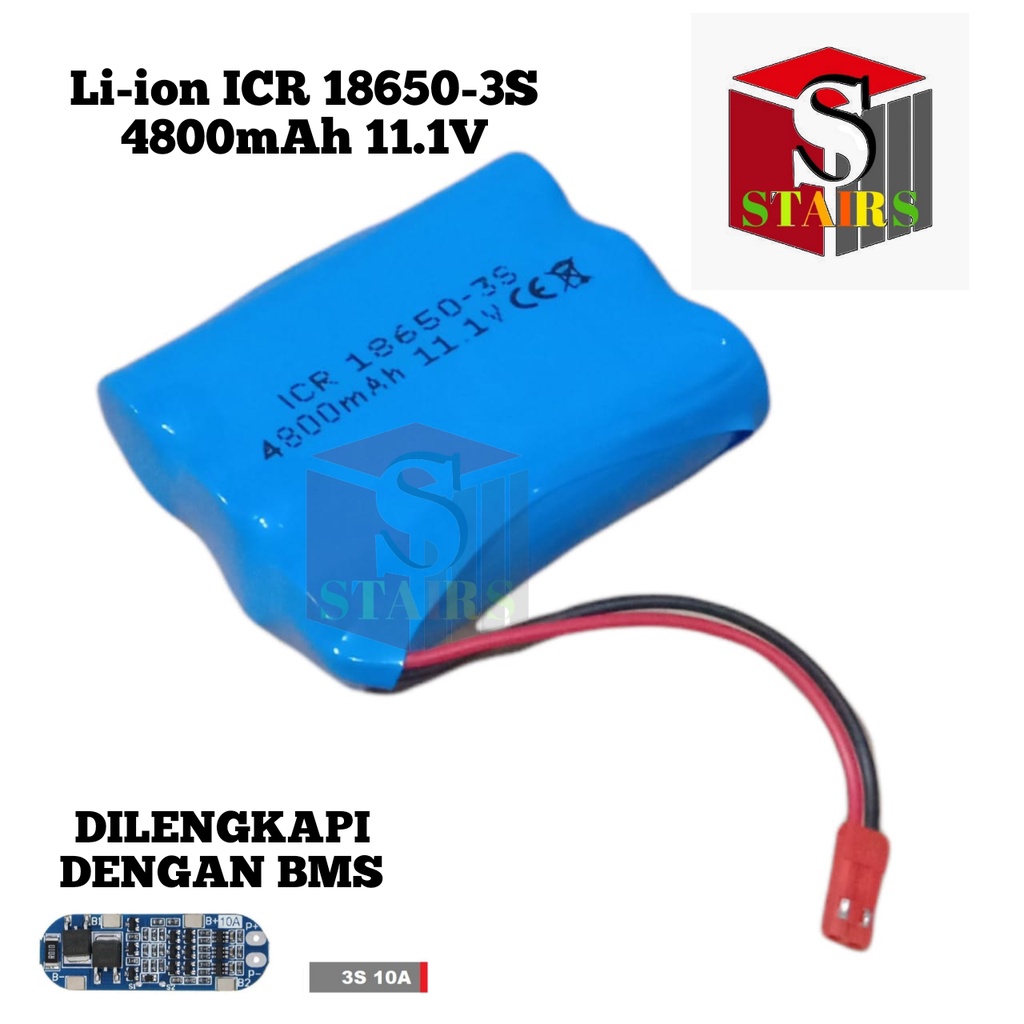 Batrai RC / Baterai Speaker Bluetooth 3X 18650-3S BMS 10A 4800mAh 11.1V KONEKTOR JST MERAH