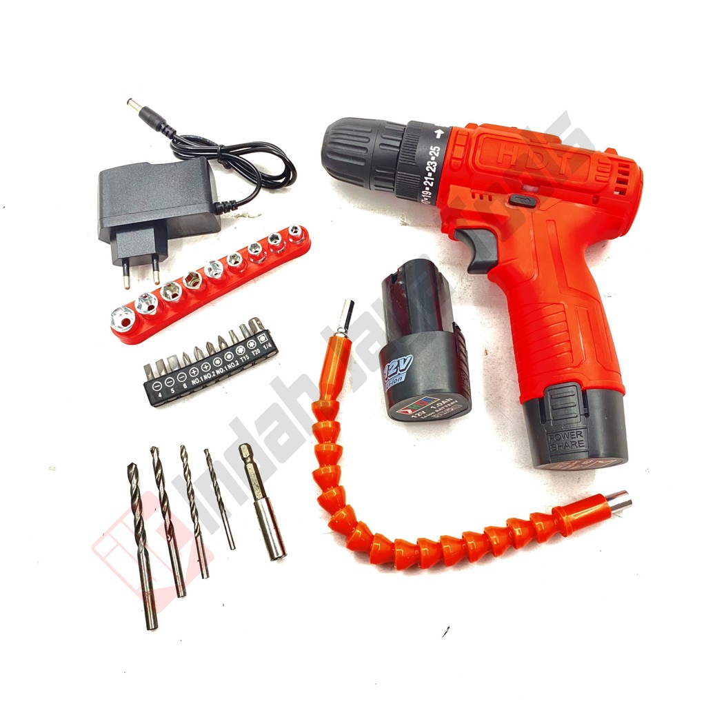 HDT CDD 405 Mesin Bor Cas Charger 12V - Cordless Drill Set Mata Bor Obeng Baterai Batere