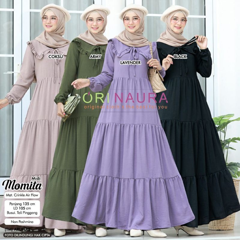 midi dress MOMITA [ Crinkle airflow/Bisa COD ] model terbaru/baju wanita/baju jumbo/baju midi dress/