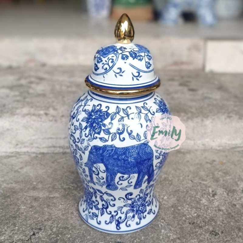 Keramik Tocin Biru Putih Motif Gajah
