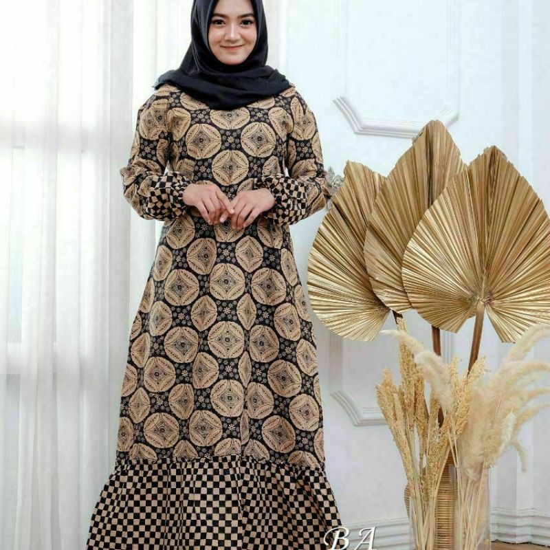 BAJU GAMIS BATIK WANITA - BAJU BATIK GAMIS ALLSIZE JUMBO model terbaru mix embos modern syari 027