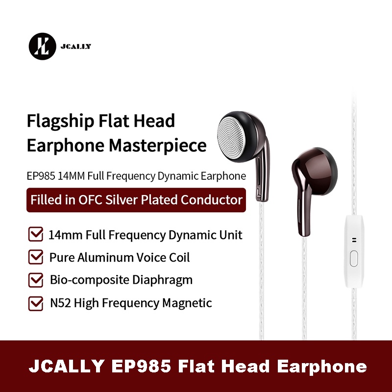 JCALLY EP985 Flat Head Earphone HIFI Fever Headphone 14mm Full Frequency Moving Coil Headset DJ Earbuds