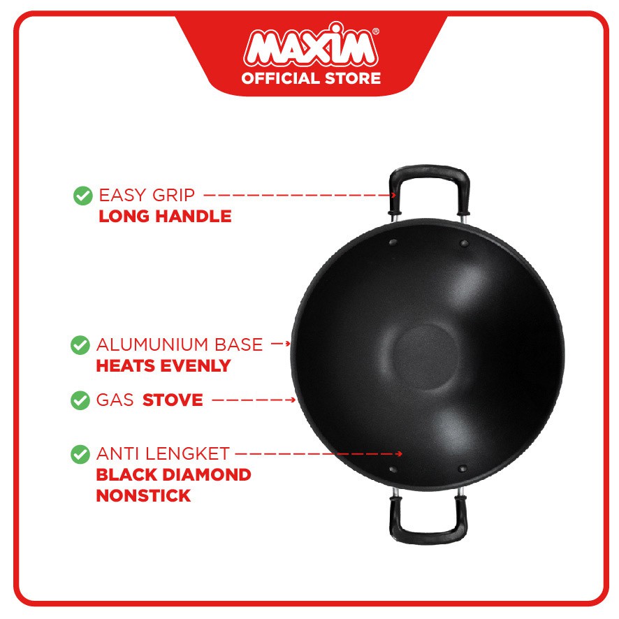 Maxim New EZP Wajan Penggorengan Teflon Anti Lengket 30cm Wok + Spatula Kayu + Tirisan Minyak