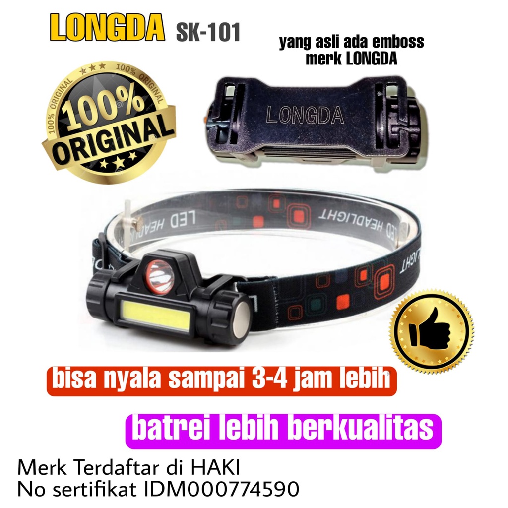 SENTER KEPALA MINI HEAD LAMP LED COB RECHARGEABLE PLUS MAGNET 101 LONGDA FLASHLIGHT