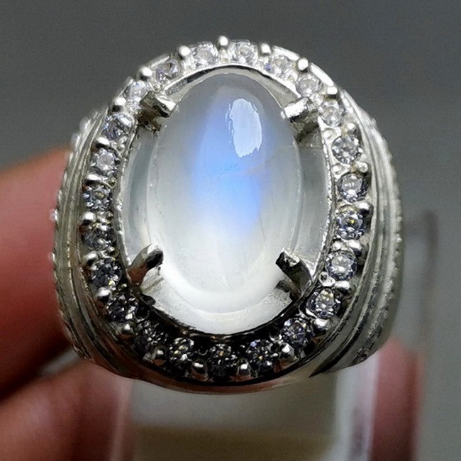 Cincin Perak Batu Akik Biduri Bulan Moonstone Biru Asli