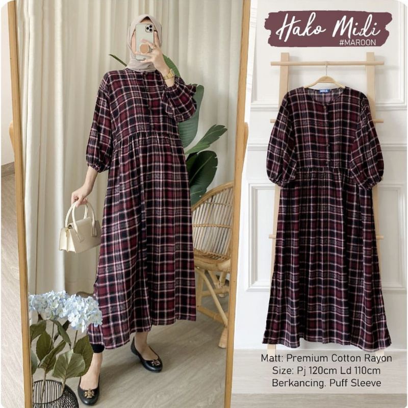 HAKO MIDI DRESS / MIDI DRESS RAYON VISCOSE MOTIF KOTAK KOTAK / MIDI DRESS JUMBO BUSUI / MIDI DRESS T